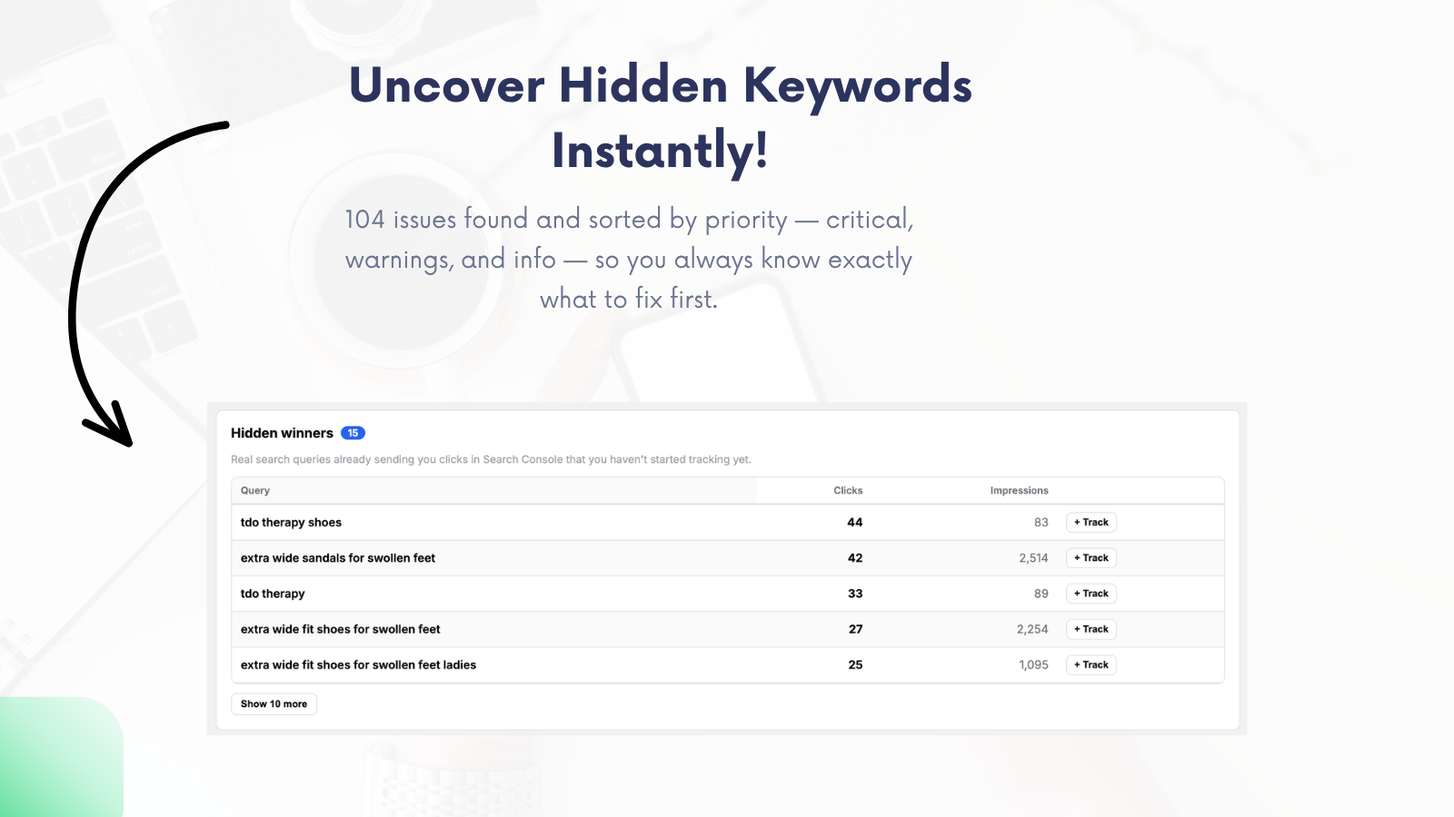 SEO Metriks Hidden winners panel with Search Console queries, clicks, impressions, and a Track action beside each query.
